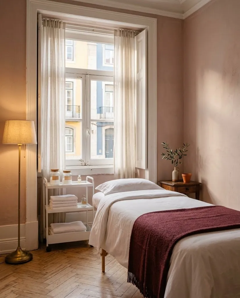A sala de tratamentos da Andreia Durães: marquesa feita, luz quente de candeeiro e uma janela para uma rua de Lisboa