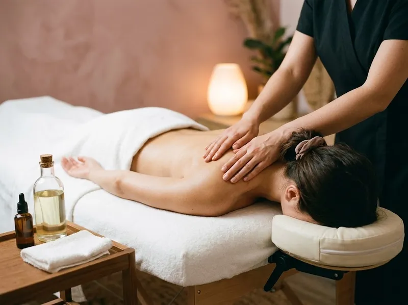 Mãos a fazer uma massagem de costas numa marquesa, sob luz quente