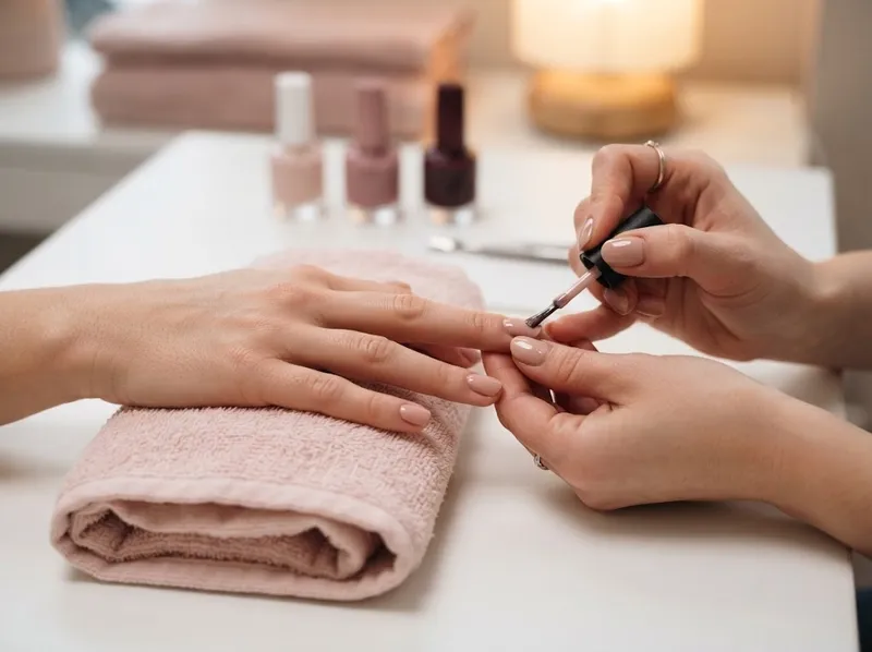 Grande plano de uma manicure a decorrer, verniz nude em unhas bem arranjadas