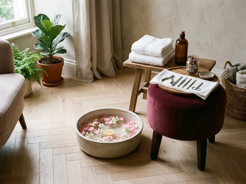 Posto de pedicure com banho de pés quente, toalhas e utensílios alinhados